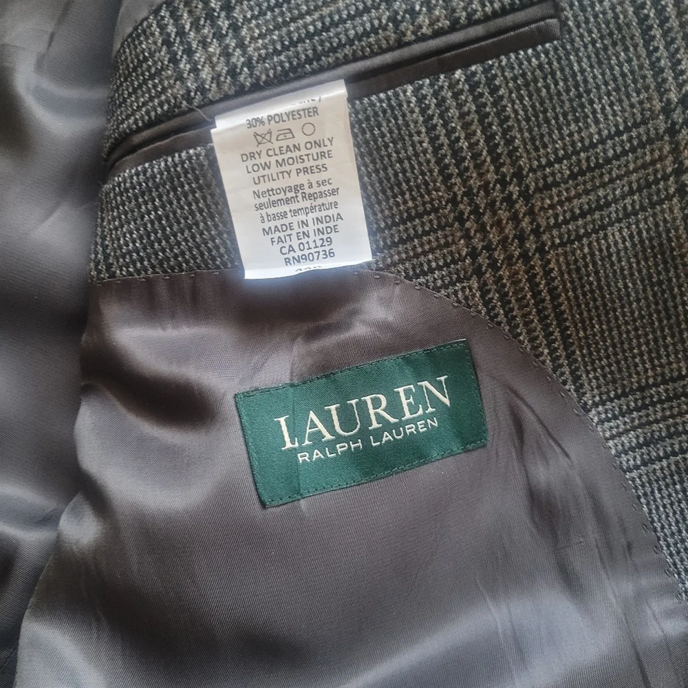 NWOT Ralph Lauren Men's Gray and Black Plaid Suit Jacket - Size 44 R
